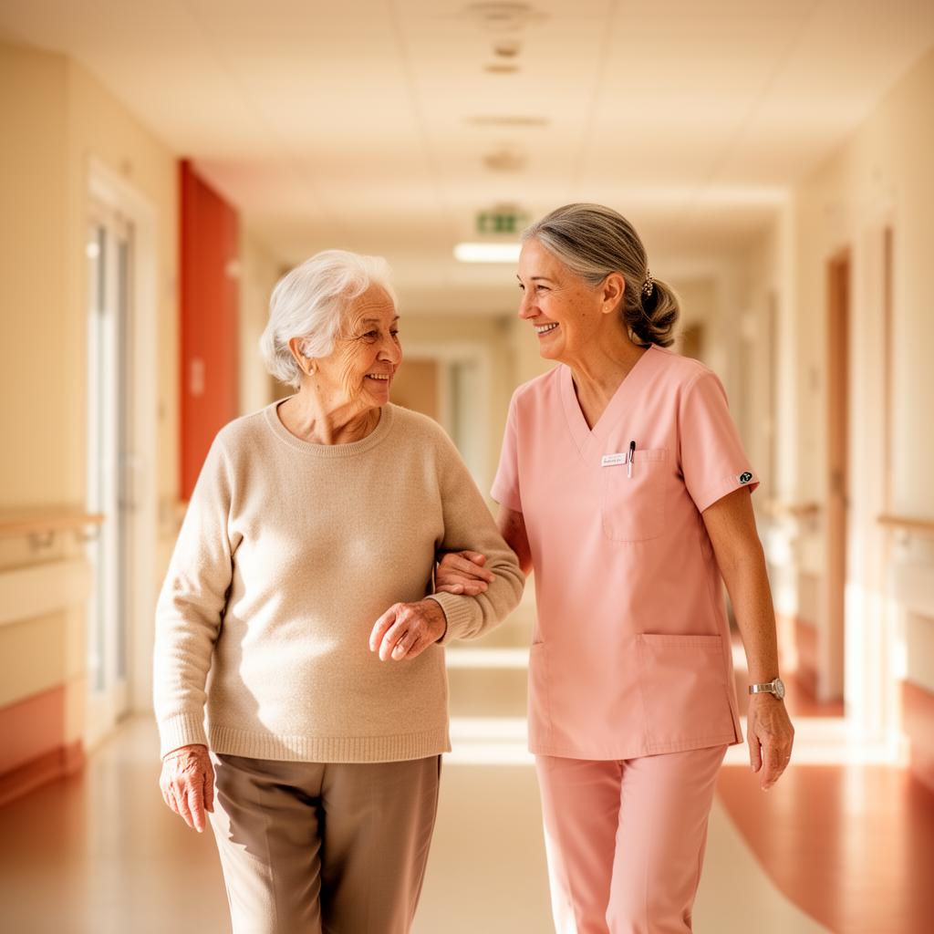 Healthcare worker supporting an elderly resident in a bright Australian care setting